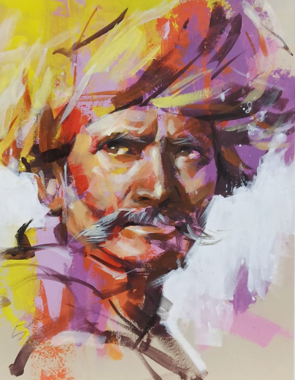 ethnic, man, Indian Man Portrait, Acrylic on paper, painting, Yap Wen Shan